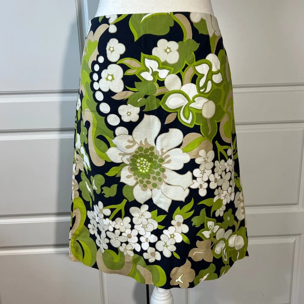 J.Crew Floral Print Mini‎ Skirt Womens Size 2 Green White Black Mod Retro